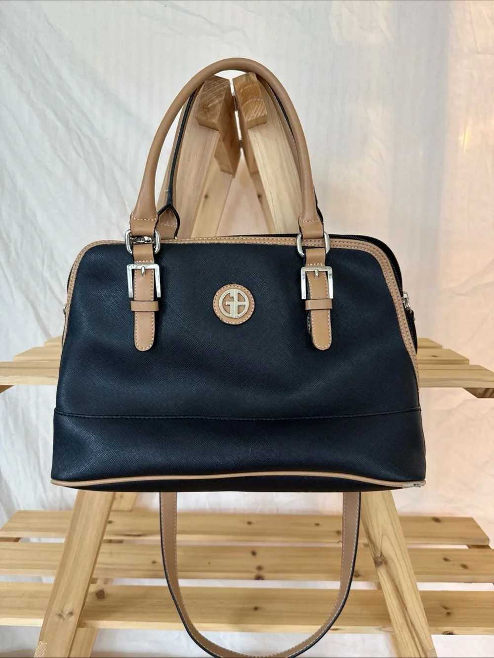 Giani Bernini Black and Tan Saffiano Satchel